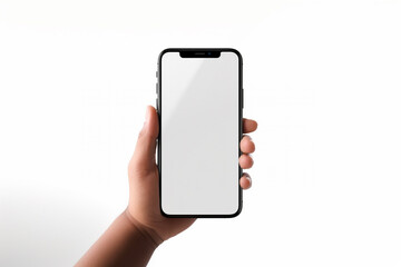 hand holding a mobile phone with empty white screen for presentation isolated on white 