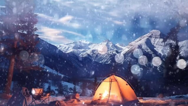 Winter with natural landscapes camping at night in snowy mountain. seamless looping time-lapse virtual video animation background
