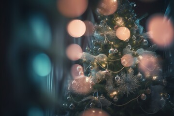Abstract image of a sparkling fir tree decorated with ornaments and surrounded by blurred glowing lights. Generative AI