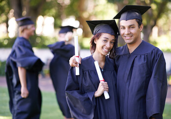 Happy couple, portrait and hug with certificate for graduation, qualification or education in...