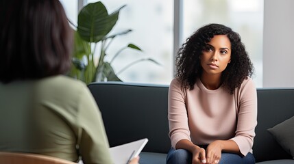 Young African American woman at an appointment with a psychologist. She delves into the problem and helps the patient solve the problem. The psychotherapist listens carefully to the patient’s story. - obrazy, fototapety, plakaty