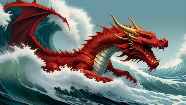 red dragon in the waves art 