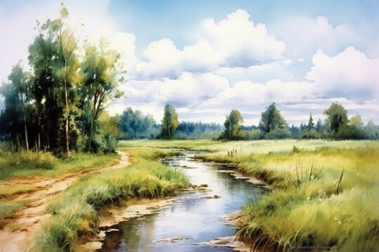 Summer river landscape depicted in watercolor painting. Generative AI