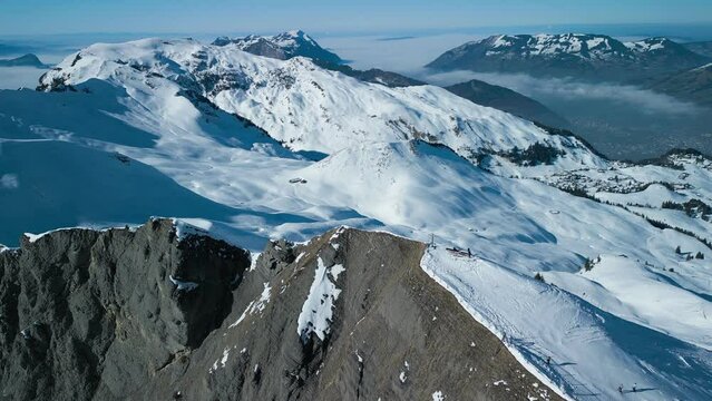 Aerial view of snow covered ski slopes at Stoos,Switzerland