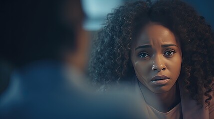 Close-up photo of a young African American woman at an appointment with a psychologist. The psychotherapist listens carefully to the patient&rsquo;s story.