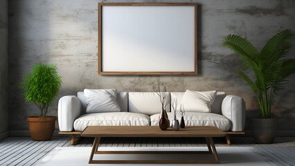 Mockup of a living room with an empty frame, created with AI generative technology