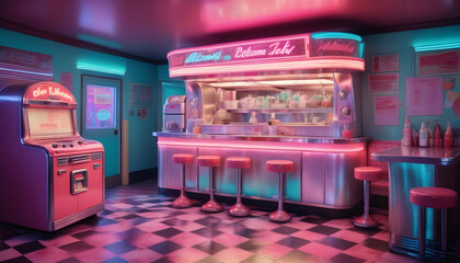 Kitchen from the 1950s with holographic soda jerk, telepathic appliances, jukebox ai generation