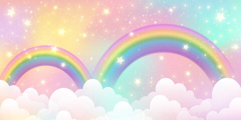 Rainbow unicorn background. Fantasy cloudy pink sky. Cute pastel vector scene with candy colors. Magic princess landscape with fairy stars and glitter. - obrazy, fototapety, plakaty