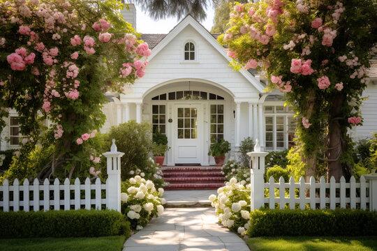 Architecture and interior, lifestyle concept. Beautiful classic cozy white house facade with yard. Yard with green grass and growing trees. Sunny and warm sunny day