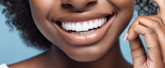A young woman with a stunning smile and bright teeth, photographed against a blue background, who has received teeth whitening treatment from a dentist to enhance her dental health. - obrazy, fototapety, plakaty