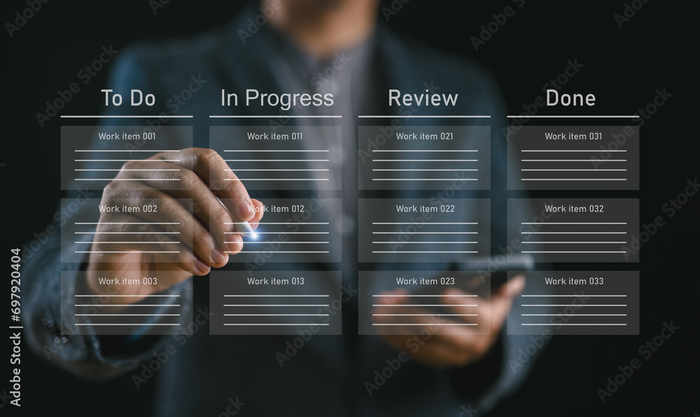Aufkleber Developer touching virtual interface. Agile software development or project management using kanban or scrum methodology boards on screen. Process, workflow, visual organization tools and framework.