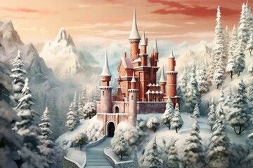 winter castle with towers and red roof, snow-white mountains, road and christmas trees. Generative AI - obrazy, fototapety, plakaty