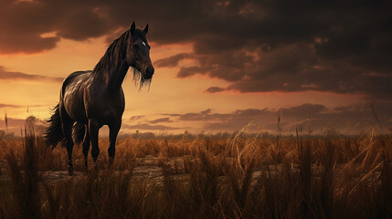 Horse in field Powerful Funky Seasons Generative AI photo