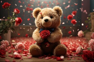 Fototapeta premium A curious teddy bear, its fluffy fur ruffled from its previous adventures, eagerly attempting to climb a bouquet of delicate roses. The scattered petals hint at the bear's playful nature.