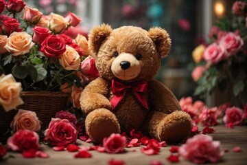 A curious teddy bear, its fluffy fur ruffled from its previous adventures, eagerly attempting to climb a bouquet of delicate roses. The scattered petals hint at the bear's playful nature.