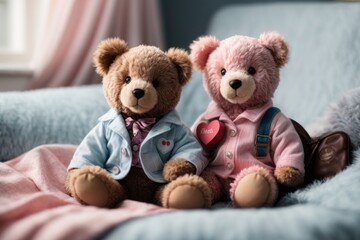 Two charming teddy bears, one in a delicate shade of pink and the other in a rich royal blue, perched on a heart-adorned blanket as they share a box of mouth-watering chocolates.