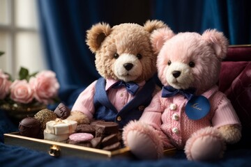 Two charming teddy bears, one in a delicate shade of pink and the other in a rich royal blue, perched on a heart-adorned blanket as they share a box of mouth-watering chocolates.