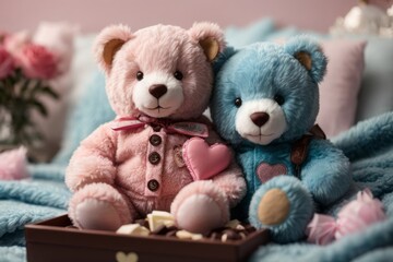 Two charming teddy bears, one in a delicate shade of pink and the other in a rich royal blue, perched on a heart-adorned blanket as they share a box of mouth-watering chocolates.