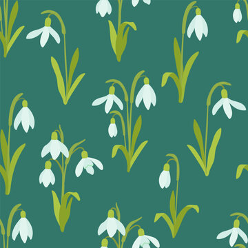 Seamless vector floral hand drawn pattern with flower snowdrop on dark green background