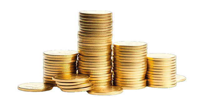 Stacks of gold coins isolated on white png transparent background