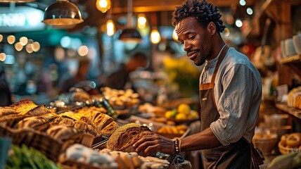 A black man selects bread in the supermarket store. - obrazy, fototapety, plakaty