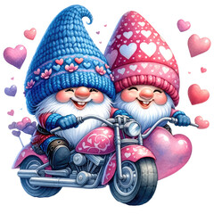 Cute Gnome Motorcycle Couple Valentine Watercolor Clipart Illustration