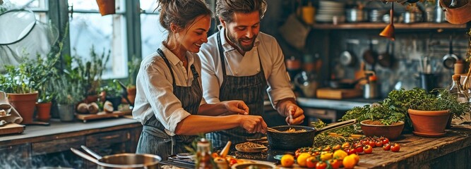 In the kitchen, a contented young couple enjoys cooking fresh, healthful food.. - obrazy, fototapety, plakaty