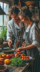 In the kitchen, a contented young couple enjoys cooking fresh, healthful food..