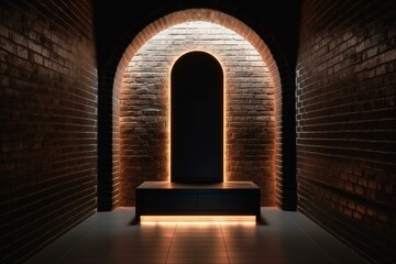 Front view of illuminated niche in empty hall with dark brick wall and glossy floor. Generative AI - obrazy, fototapety, plakaty