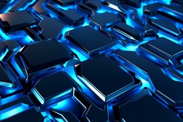Abstract metallic surface with blue neon light, futuristic technology. 3D rendering. Generative AI