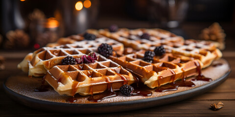 Whole and pieces chocolate waffles glass of milk on a gray background, Belgian waffles with different sauces berries chocolate ice cream, Delicious Strawberry Topped Chocolate and Maple Syrup Waffles, - obrazy, fototapety, plakaty