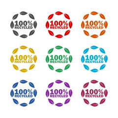 100 percent Recycled Label  icon isolated on white background. Set icons colorful