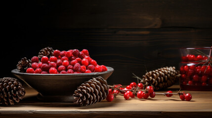 Bowl of ripe raspberries on a wooden table with pine cones and rose hips, rustic home concept.