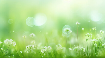 Obraz premium A fresh spring meadow full of white blooming flowers and soft greenery, with a dreamy bokeh effect.