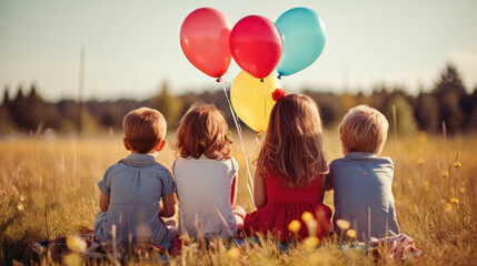 Four children from behind, sitting in a field, holding colorful balloons on a sunny day. - Powered by Adobe