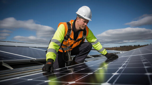 Solar engineer in a high-visibility vest performs maintenance on solar panels under a clear blue sky. - Powered by Adobe