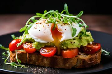 An avocado toast with a poached egg and cherry tomatoes. (Generative AI)