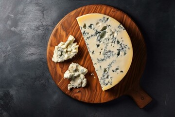 Obraz na płótnie Canvas Blue Cheese Elegance: Half Circle on Wooden Board, Generative AI,