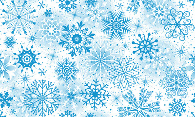 Vector seamless hand drawn monochrome winter pattern with vintage blue snowflakes and stars in retro style on a transparent background
