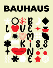 Abstract geometric bauhaus poster. Heart, love, lips, cherry, text and other primitive forms, shapes. Modern flat style. Primitive vector illustration