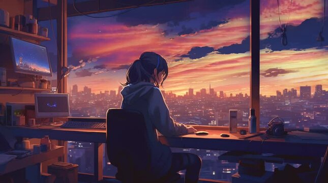 a woman sitting in front of laptop inside her room apartment looking trough windows with sky and cityscape building background anime style loop animation