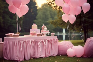 cake with pink balloons on the table in the park. Cake for a girl's birthday. Pink cake. Generative AI