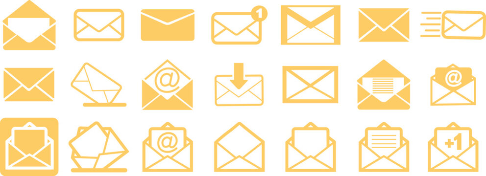 Mails icons Set. Email, post, letter, envelopes isolated on transparent background. Vectors in yellow flat designs, adapted e-mail icons for web site and mobile apps. Open envelope, message pictogram.