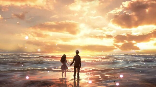 man and woman couple holding hand each other looking sunset sky at the beach anime style loop animation
