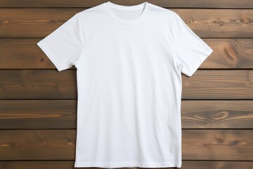White t-shirt on wooden background, top view. Mockup for design - obrazy, fototapety, plakaty
