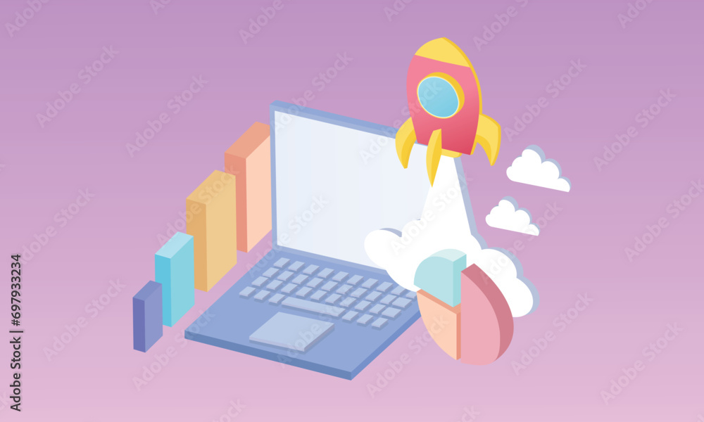 Poster 3d seo optimization with rocket for marketing social media concept. interface for web analytics stra