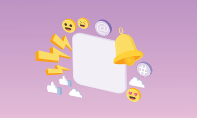 3D app icon with notification alert speech bubble, online social conversation comment push notice cartoon concept, blank app icons, chat with social media.3d goal for technology,online social media.