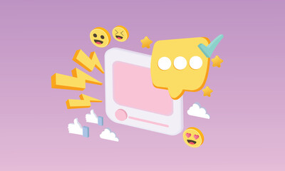 3D speech bubble with tick mark for photo gallery platform, online social conversation comment concept, emoji message, speech icons.3d handmade.3d goal for technology,online social media.