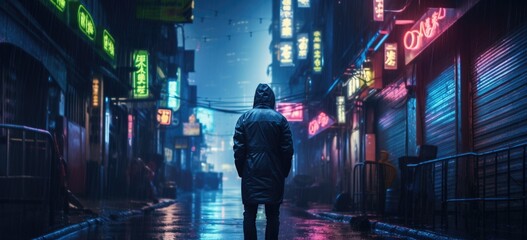 Neon lit cyberpunk alley with rain-soaked ground, intricate futuristic signs, and an enigmatic figure in the background. Banner.