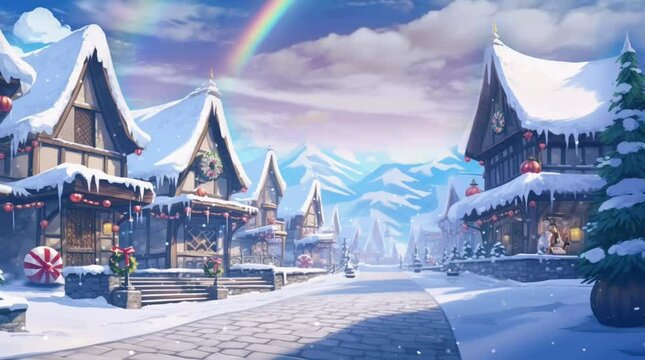 small village with pavement road in snowy winter with clear blue sky and mountain background anime style loop animation